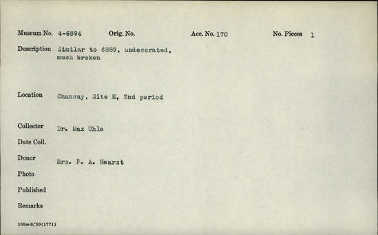 Documentation associated with Hearst Museum object titled Broken pot with handle, accession number 4-6894, no description available.