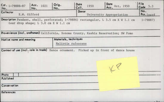 Documentation associated with Hearst Museum object titled Pendant, accession number 1-79886, described as Made of shell.  Perforated, rectangular.  Haliotis rufescens.
