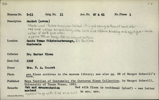 Documentation associated with Hearst Museum object titled Jacket, accession number 3-11, described as Jacket (coton); black wool; fulled to appear felted; fringed along bottom of back side; red and yellow embroidery; also dark blue ribbon binding and applique; inside collar of dark blue wool; approximately 45 cm long, 106 cm around bottom