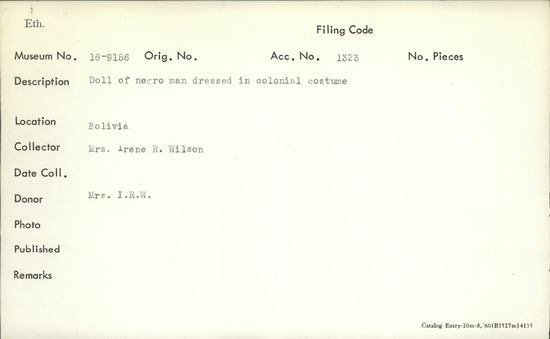 Documentation associated with Hearst Museum object titled Figurine, accession number 16-9156, described as Doll of negro man dress in Colonial costume. 13 inches high.