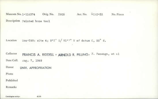 Documentation associated with Hearst Museum object titled Worked bone, accession number 1-114374, described as Pointed bone.