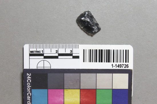 Hearst Museum object titled Point fragment, accession number 1-149726, described as Obsidian projectile, triangular, unnotched, unstemmed, flat base