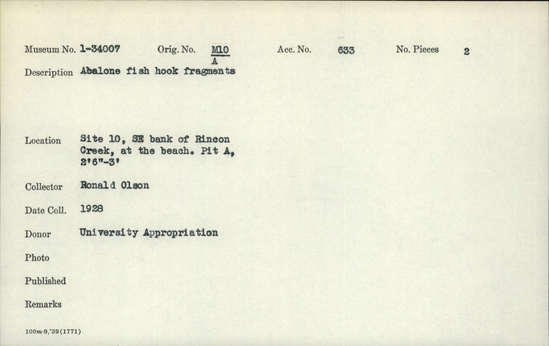 Documentation associated with Hearst Museum object titled Fishhook fragments, accession number 1-34007, described as Abalone fishhook fragments