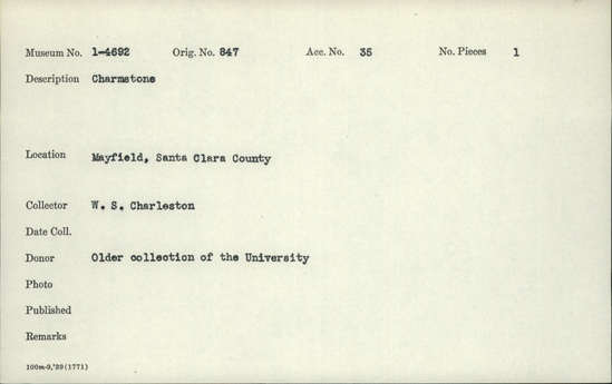 Documentation associated with Hearst Museum object titled Charmstone, accession number 1-4692, described as Charmstone.