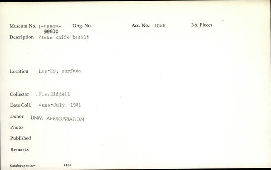 Documentation associated with Hearst Museum object titled Knife, accession number 1-99810, described as Flake knife, of basalt.