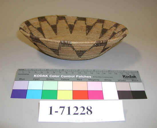 Hearst Museum object titled Basket, accession number 1-71228, described as Coiled, with wide mouth and sloping sides. Decoration: bracken fern root; dark brown/black decoration encircling basket. 3-rod coiling with interlocking stitches.