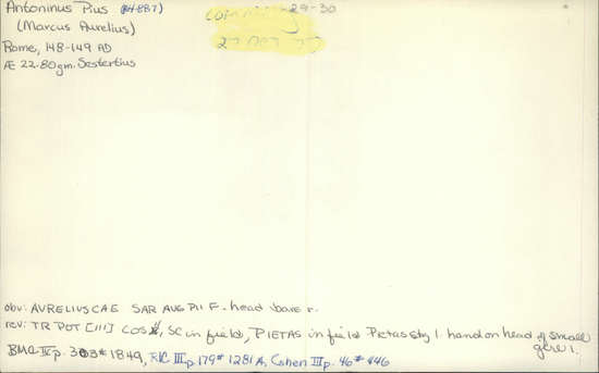 Documentation associated with Hearst Museum object titled Coin: æ sestertius, accession number 8-4887, described as Coin; AE; Sestertius; Roman. 22.80 grams, 32 mm. Marcus Aurelius, 148-149 AD. Rome, Italy. Obverse: AVRELIVS CAESAR AVG PII F, bust r. bare. Revere: TR POT III COS II, Pietas standing l., hand on head of small girl l.; in field, S C; in exergue, PIETAS. Remarks: Date is unlikely, falls during reign of Antoninus Pius.