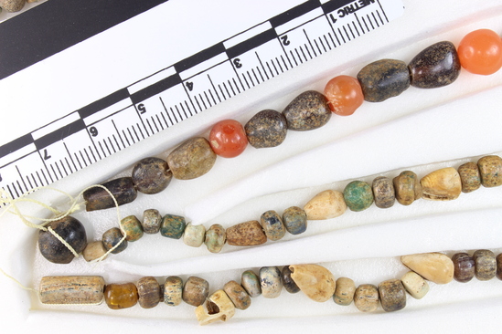 Hearst Museum object 3 of 10 titled Beads, accession number 6-16293, described as Beads: string of shell, carnelian, green stone amethyst, various shapes, l  62 cm. open.