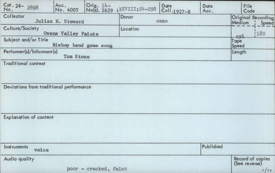 Documentation associated with Hearst Museum object titled Audio recording, accession number 24-2898, described as Bishop Hand Game Song