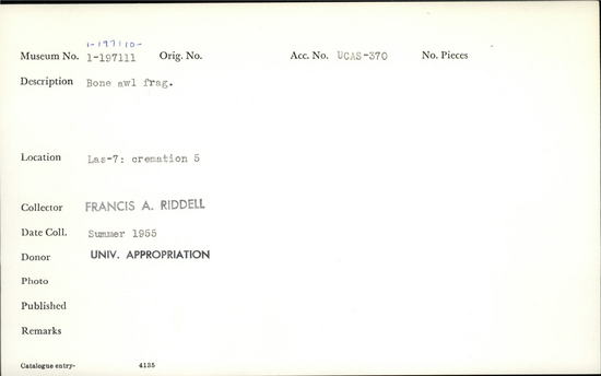 Documentation associated with Hearst Museum object titled Awl fragment, accession number 1-197110, described as Bone.