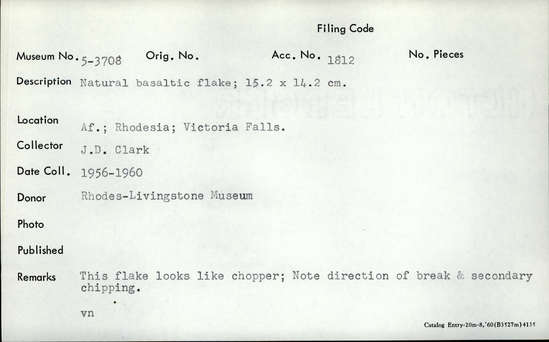 Documentation associated with Hearst Museum object titled Flake, accession number 5-3708, described as Natural basaltic flake