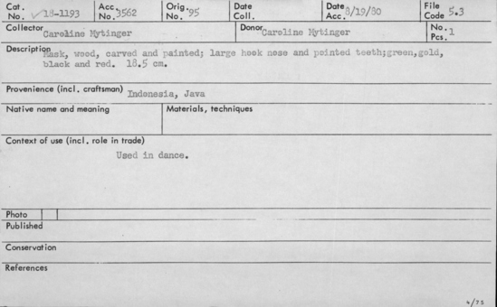 Documentation associated with Hearst Museum object titled Mask, accession number 18-1193, described as Mask, wood, carved and painted; large hook nose and pointed teeth; green, gold, black and red. Used in dance. 18.5 cm.