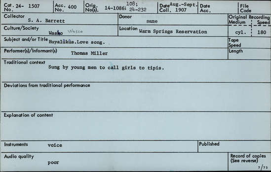 Documentation associated with Hearst Museum object titled Audio recording, accession number 24-1507, described as Love Song