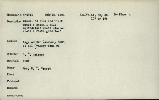 Documentation associated with Hearst Museum object titled Beads, accession number 6-1541, described as Beads: 34 blue and black glaze, 5 green, 1 blue cylindrical small cluster shell, 1 flake gold leaf