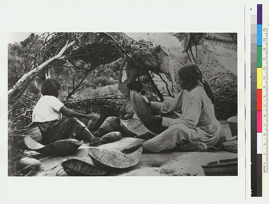 Hearst Museum object titled Black-and-white negative, accession number 15-20953, described as Three Mono women processing acorn meal, backs to camera