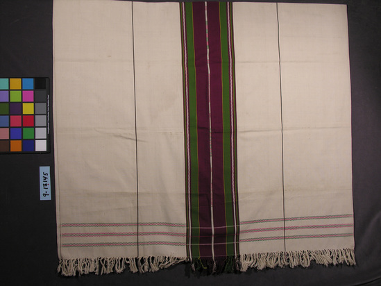 Hearst Museum object titled Shawl, accession number 9-13145, described as Shawl (blanket), man's; cotton; white with purple and green bands.