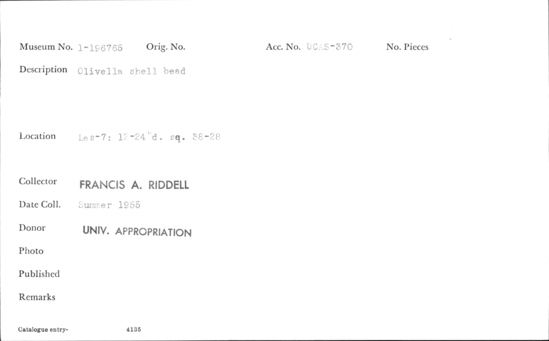 Documentation associated with Hearst Museum object titled Bead, accession number 1-196765, described as Olivella shell.