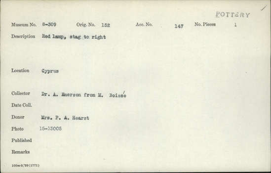 Documentation associated with Hearst Museum object titled Oil lamp, accession number 8-309, described as Red lamp, stag to right