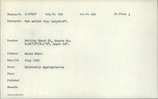 Documentation associated with Hearst Museum object titled Worked antler, accession number 1-37267, described as Antler, cut, tip