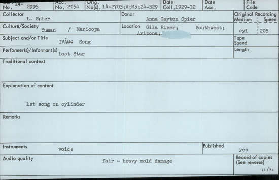 Documentation associated with Hearst Museum object titled Audio recording, accession number 24-2995, described as IVAOo Song