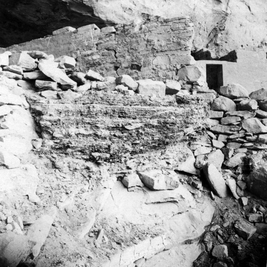 Hearst Museum object titled Black-and-white print, accession number 13-376p, described as One of a set of 17 mounted photos, 3¼ x 3¼ inches, of ruins and scenes of Cliff houses, Mesa Verde, Colorado.