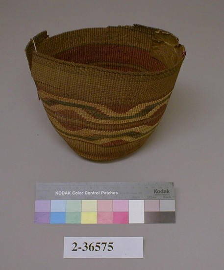 Hearst Museum object titled Basket, accession number 2-36575, described as Globular, twined. Badly damaged.