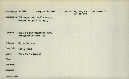 Documentation associated with Hearst Museum object titled Broken bowl, accession number 6-3515, described as Pottery, red bottle, mouth broken; greatest diameter 14 cm, height 27 cm