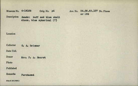 Documentation associated with Hearst Museum object titled Beads, accession number 6-19105, described as beads: buff and blue shell discs, blue spherical (7)