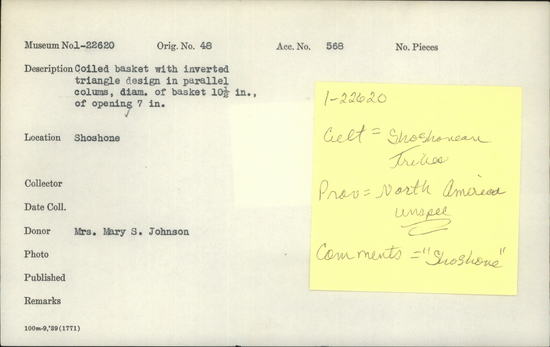 Documentation associated with Hearst Museum object titled Basket, accession number 1-22620, described as Coiled basket with inverted triangle design in parallel columns.