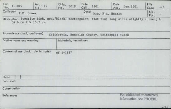 Documentation associated with Hearst Museum object titled Dish, accession number 1-1019, described as Dish; steatite, gray/black, rectangular.  Flat rim, long sides slightly curved. For rendering and storing eel grease.