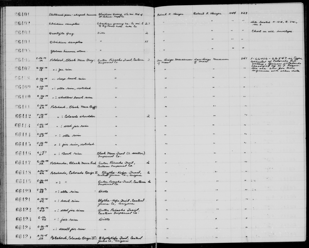 Documentation associated with Hearst Museum object titled Potsherd, accession number 1-66408, described as Black Mesa Gray, deep bowl rim.