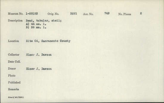 Documentation associated with Hearst Museum object titled Beads, accession number 1-59153, described as Tubular, shell