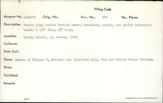 Documentation associated with Hearst Museum object titled Napkin ring, accession number 2-19070, described as Spiral lattice weave; red-brown, purple, and yellow horizontal bands.