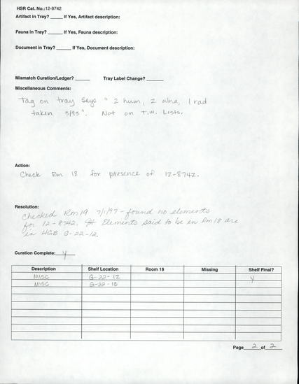 Documentation associated with Hearst Museum object titled Human remains, accession number 12-8742, described as Remains of one middle adult (35 year old) male.