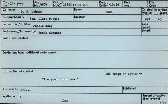 Documentation associated with Hearst Museum object titled Audio recording, accession number 24-2770, described as Pueblo Song: "The good old times