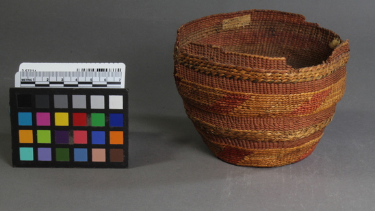 Hearst Museum object titled Basket, accession number 2-57724, described as Small, twined, broken and misshapen. 4 bands of false embroidery, top and bottom band have red-dyed parallelograms on straw-colored ground; center band is straw-dyed diagonal stitches; top band is straw and green-colored stitches.