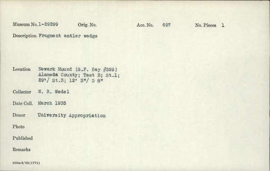 Documentation associated with Hearst Museum object titled Wedge fragment, accession number 1-29299, described as Antler.