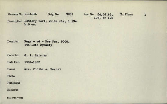 Documentation associated with Hearst Museum object titled Bowl, accession number 6-14816, described as Pottery bowl with white rim; diameter 19  height 5 cm.