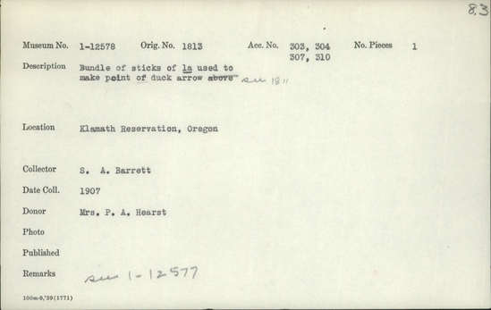 Documentation associated with Hearst Museum object titled Stick bundle, accession number 1-12578, described as Bundle of sticks. See 1-12577 (duck arrow foreshaft).