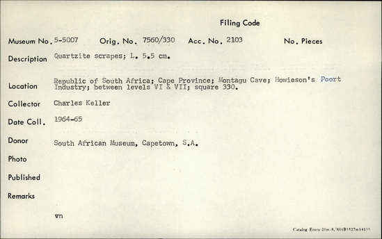 Documentation associated with Hearst Museum object titled Scrapers, accession number 5-5007, described as Quartzite scrapers; L. 5.5 cm