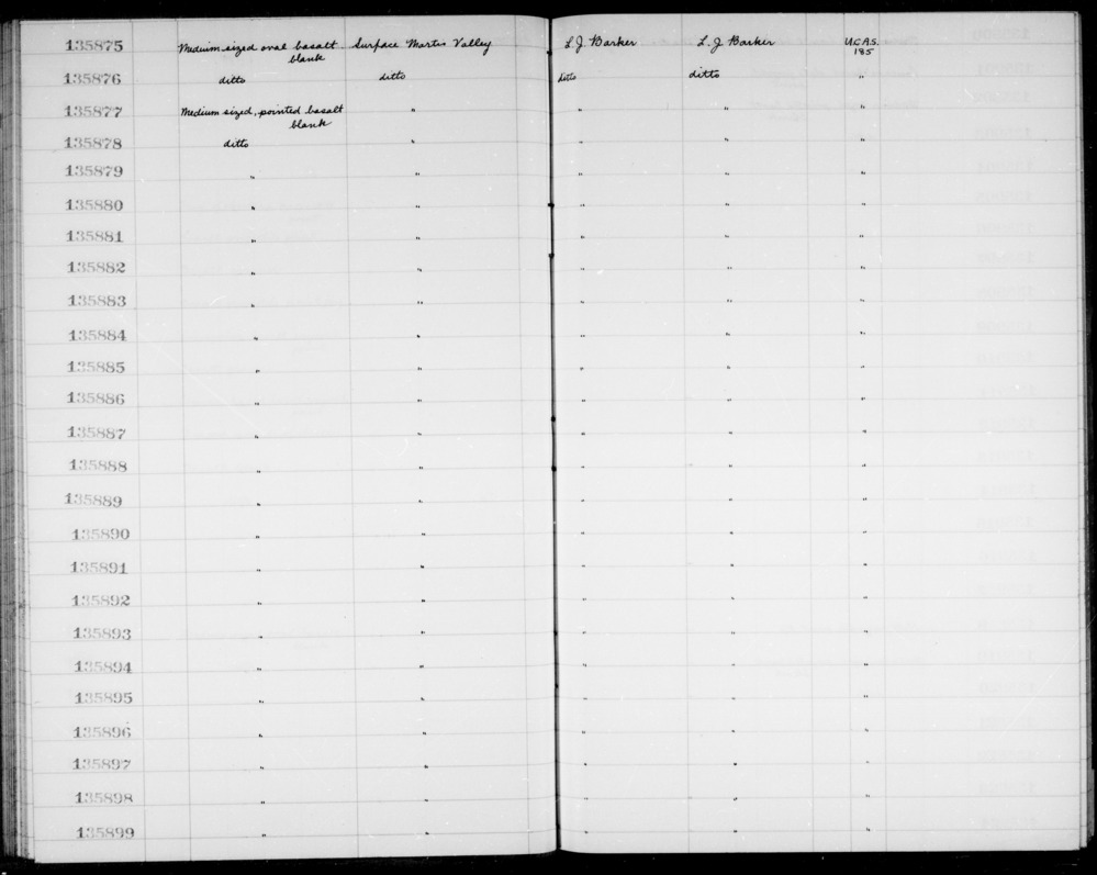 Documentation associated with Hearst Museum object titled Blank, accession number 1-135876, described as Blank; medium sized, oval, basalt.