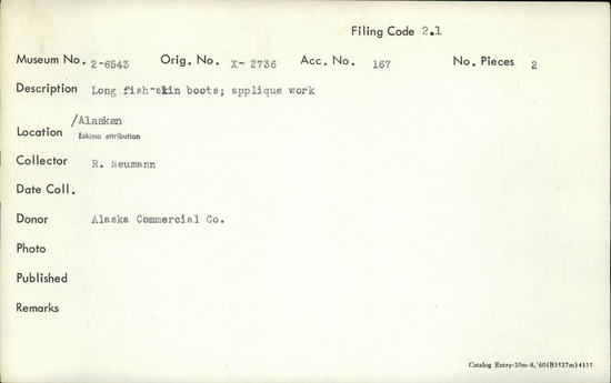 Documentation associated with Hearst Museum object titled Boots (footwear), accession number 2-6543a,b, described as Boots, fishskin; applique work.; long leg sewn in strips and trimmed with strip of contrasting skin and stitching; leather sole; damage and loss on front below knee; some repairs.