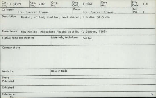 Documentation associated with Hearst Museum object titled Basket, accession number 2-34339, described as Coiled, shallow, bowl shaped.