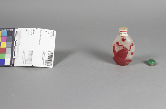 Hearst Museum object 1 of 2 titled Snuff bottle, accession number 9-5529a,b, described as Snuff bottle; white speckled and red flash glass; red overlay carved in relief design of carp; green and pink stone stopper; dipper; height 3.25 in