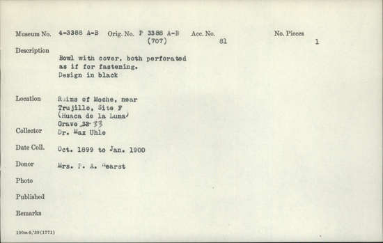 Documentation associated with Hearst Museum object titled Bowl and cover, accession number 4-3388, described as Bowl with cover, both perforated as if for fastening. Design in black