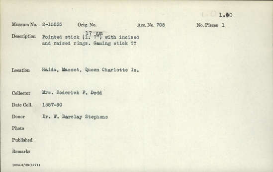 Documentation associated with Hearst Museum object titled Stick, accession number 2-15555, described as Pointed stick with incised and raised rings.
