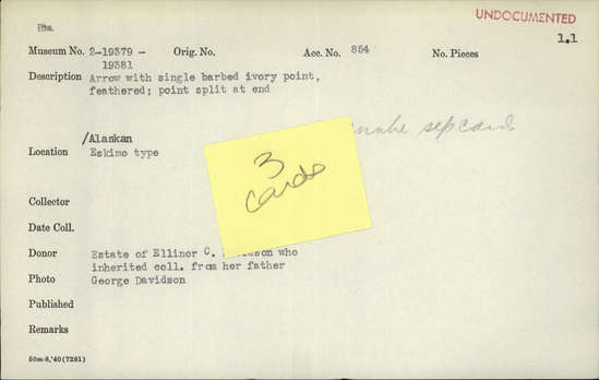 Documentation associated with Hearst Museum object titled Arrow, accession number 2-19380, described as Single barbed ivory point, feathered. Point split at end.