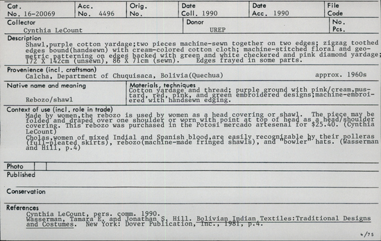 Documentation associated with Hearst Museum object titled Shawl, accession number 16-20069, no description available.