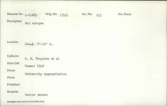Documentation associated with Hearst Museum object titled Scraper, accession number 1-91673, described as End.