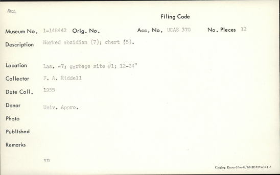 Documentation associated with Hearst Museum object titled Lithic, accession number 1-148442, described as Worked obsidian (7); chert (5).